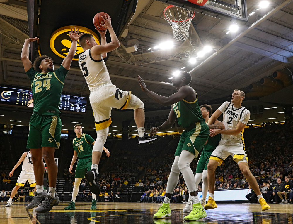 Iowa Hawkeyes guard CJ Fredrick (5) makes a basket during the first half of their game at Carver-Hawkeye Arena in Iowa City on Sunday, Nov 24, 2019. (Stephen Mally/hawkeyesports.com)
