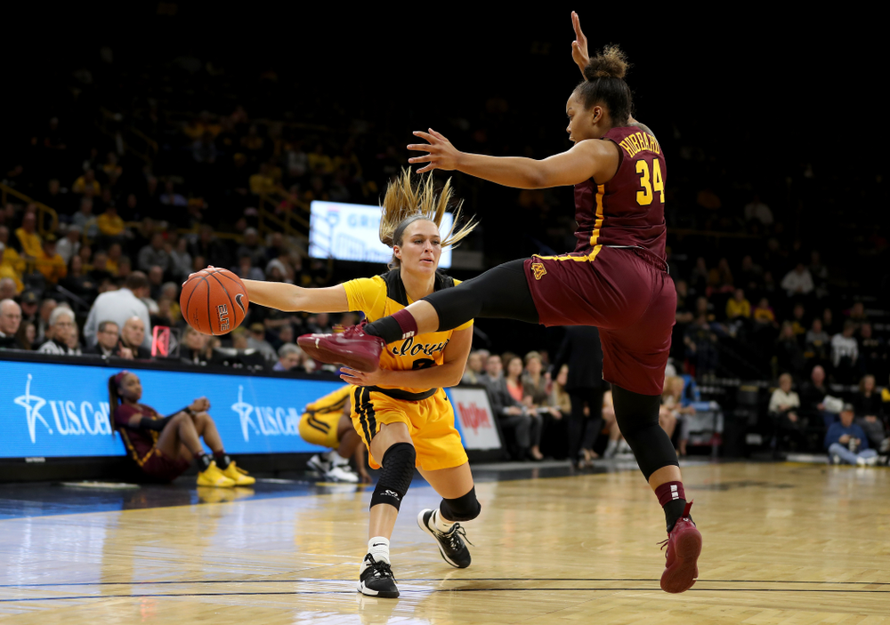 Iowa Hawkeyes guard Makenzie Meyer (3) against the Minnesota Golden Gophers Thursday, February 27, 2020 at Carver-Hawkeye Arena. (Brian Ray/hawkeyesports.com)
