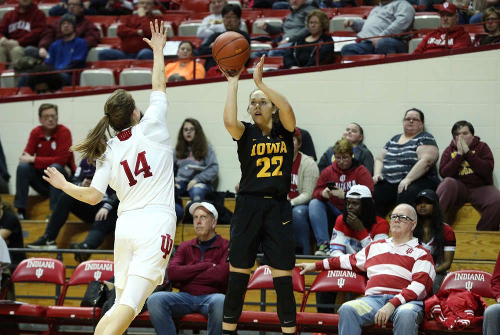 Iowa Hawkeyes guard Kathleen Doyle (22) against the Indiana Hoosiers Thursday, February 21, 2019 at Simon Skjodt Assembly Hall. (Brian Ray/hawkeyesports.com)