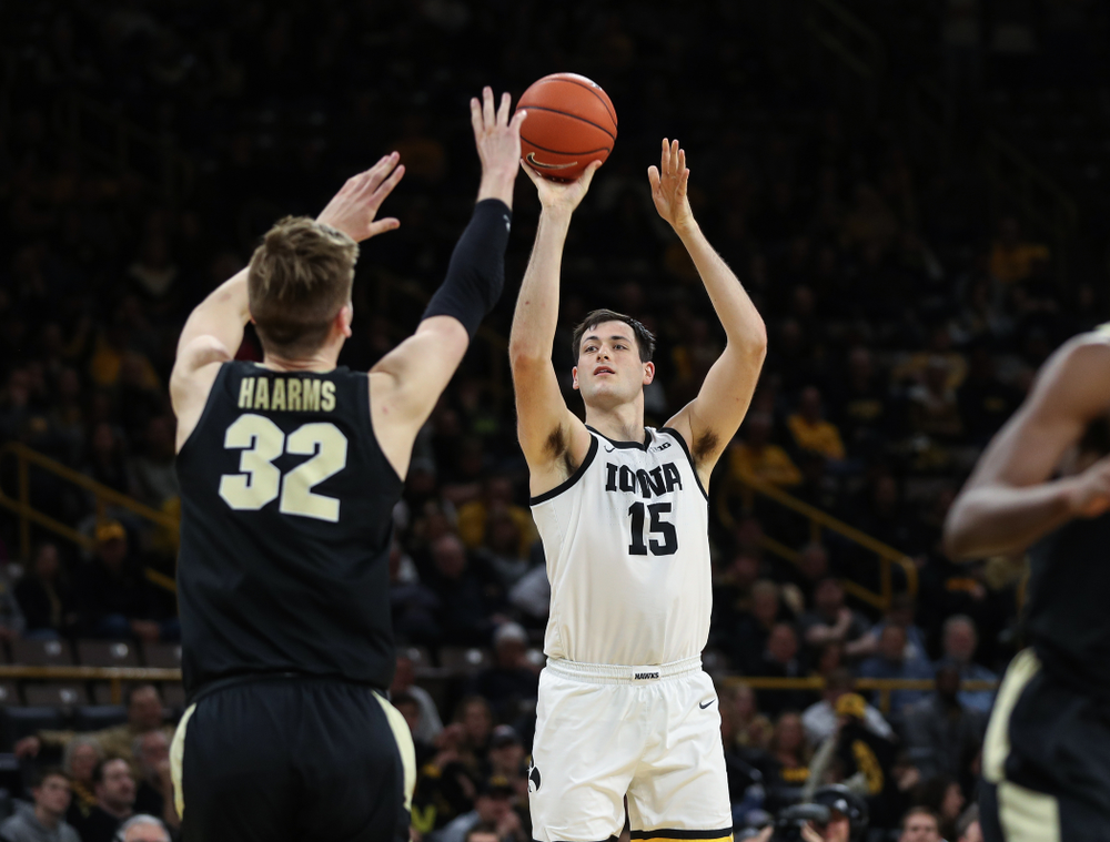 Iowa Hawkeyes forward Ryan Kriener (15) against the Purdue Boilermakers Tuesday, March 3, 2020 at Carver-Hawkeye Arena. (Brian Ray/hawkeyesports.com)