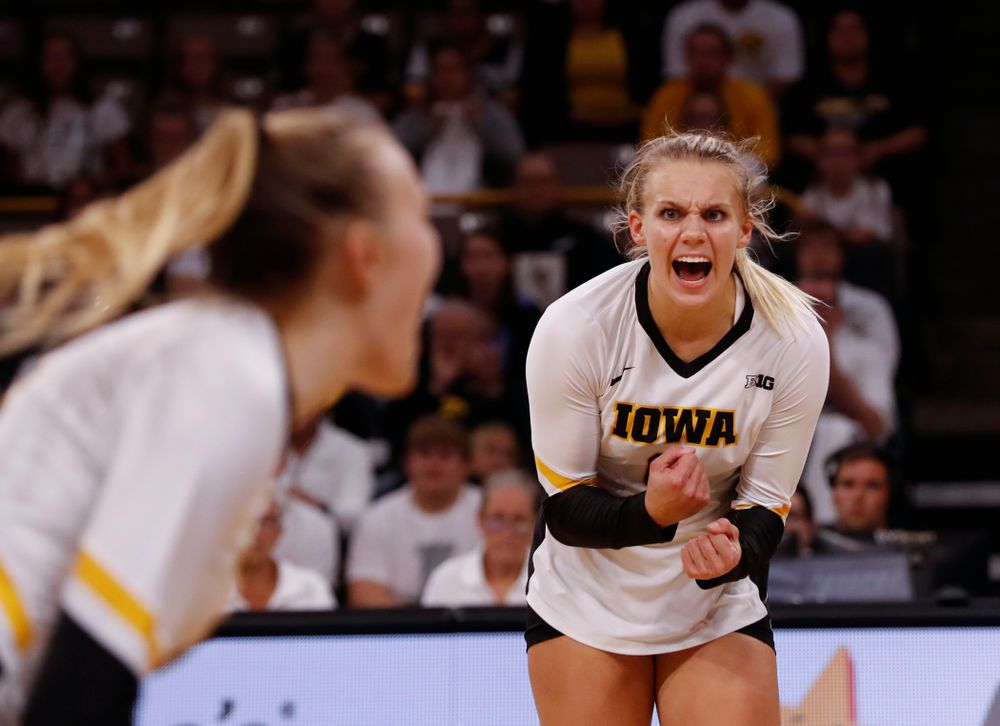 Iowa Hawkeyes right side hitter Reghan Coyle (8) against the Michigan State Spartans Friday, September 21, 2018 at Carver-Hawkeye Arena. (Brian Ray/hawkeyesports.com)