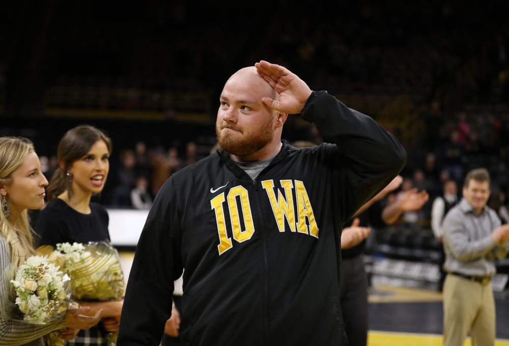 Iowa senior Sam Stoll during senior night following their meet against the Indiana Hoosiers Friday, February 15, 2019 at Carver-Hawkeye Arena. (Brian Ray/hawkeyesports.com)