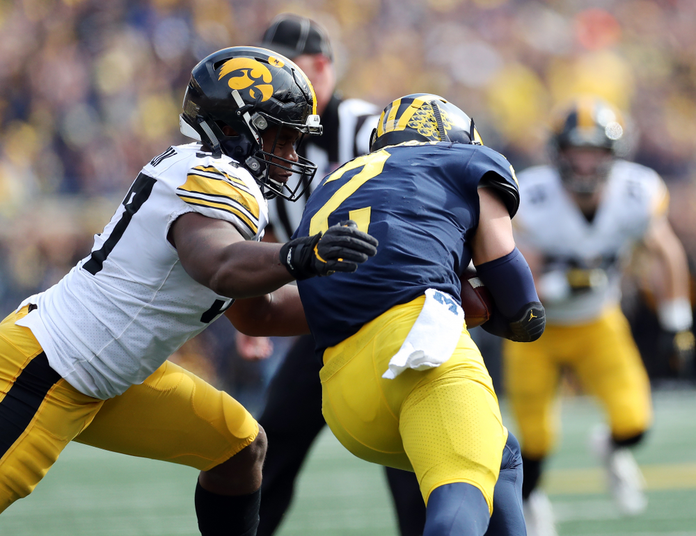 Iowa Hawkeyes defensive end Chauncey Golston (57) against the Michigan Wolverines Saturday, October 5, 2019 at Michigan Stadium in Ann Arbor, MI. (Brian Ray/hawkeyesports.com)
