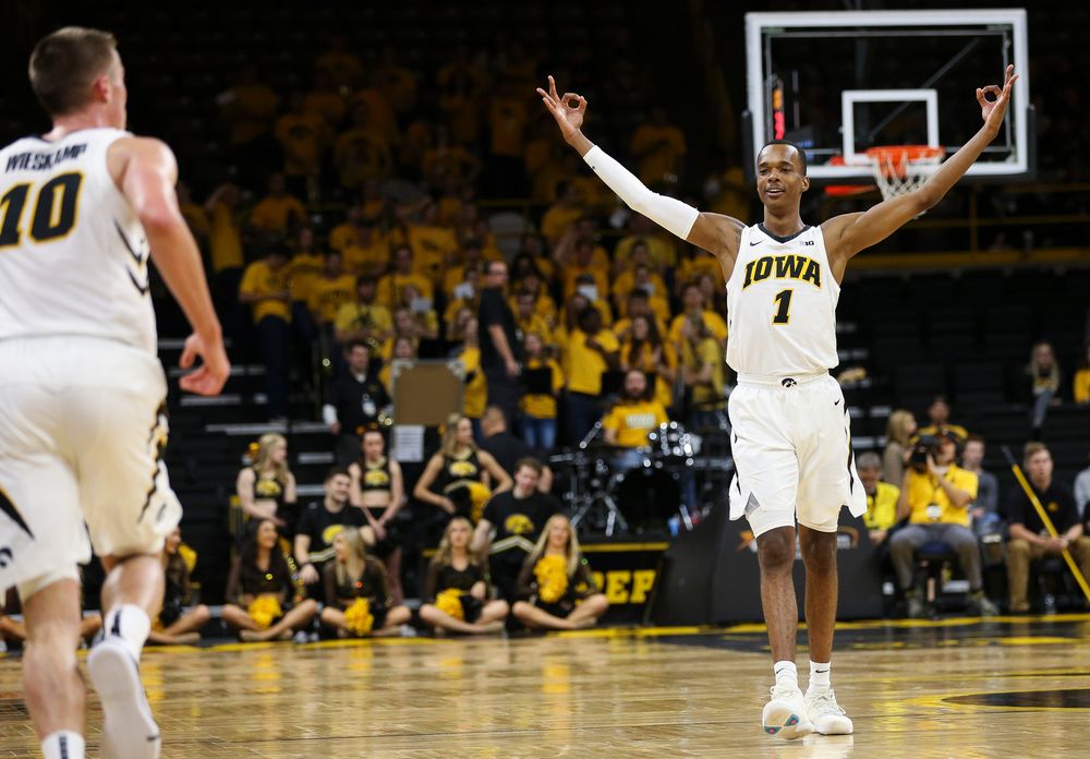 Iowa Hawkeyes guard Maishe Dailey (1) reacts after Iowa Hawkeyes guard Joe Wieskamp (10) hits a 3-pointer during a game against Guilford College at Carver-Hawkeye Arena on November 4, 2018. (Tork Mason/hawkeyesports.com)