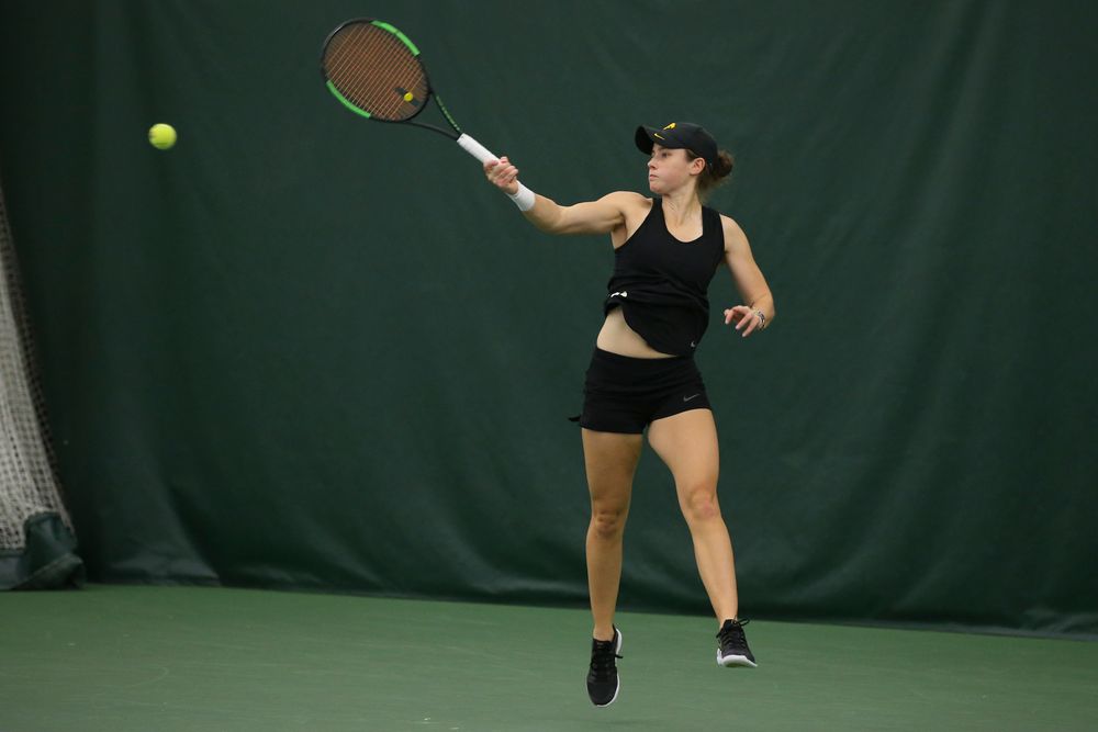 Iowa’s Elise van Heuvelen Treadwell returns a hit during the Iowa women’s tennis meet vs UNI on Saturday, February 29, 2020 at the Hawkeye Tennis and Recreation Complex. (Lily Smith/hawkeyesports.com)