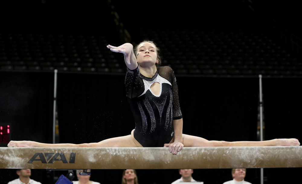 Iowa’s Mackenzie Vance competes on the beam against Michigan State Saturday, February 1, 2020 at Carver-Hawkeye Arena. (Brian Ray/hawkeyesports.com)