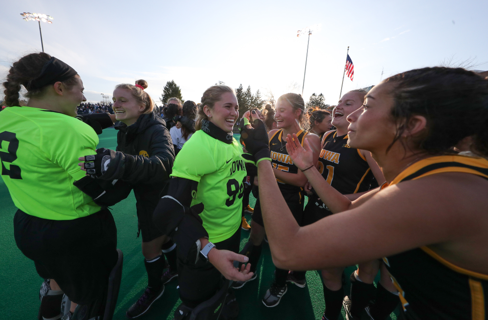 Iowa Hawkeyes goaltender Leslie Speight (96) celebrates their victory over Penn State in the 2019 Big Ten Field Hockey Tournament Championship Game Sunday, November 10, 2019 in State College. (Brian Ray/hawkeyesports.com)
