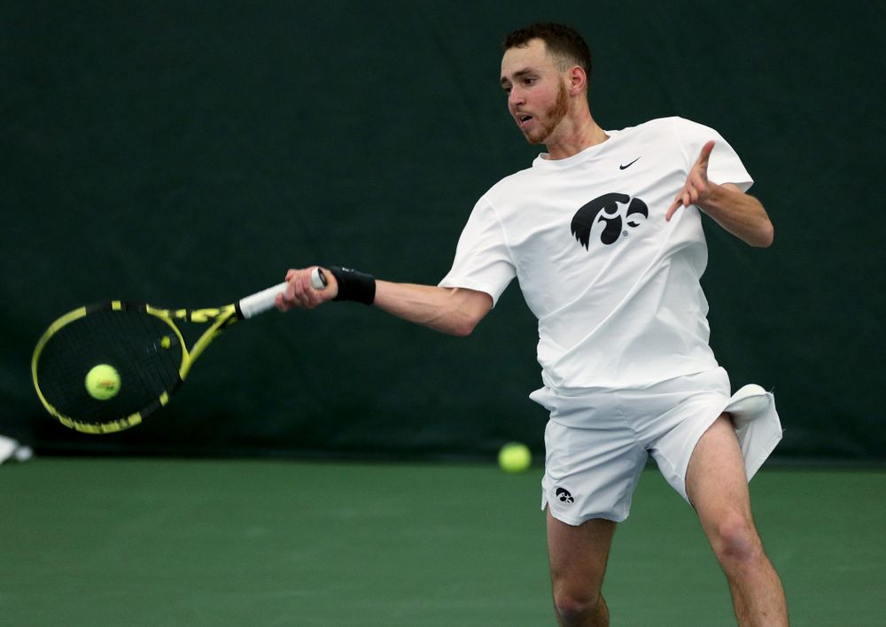 Iowa’s Karem Allaf against Cornell Sunday, March 8, 2020 at the Hawkeye Tennis and Recreation Center. (Brian Ray/hawkeyesports.com)