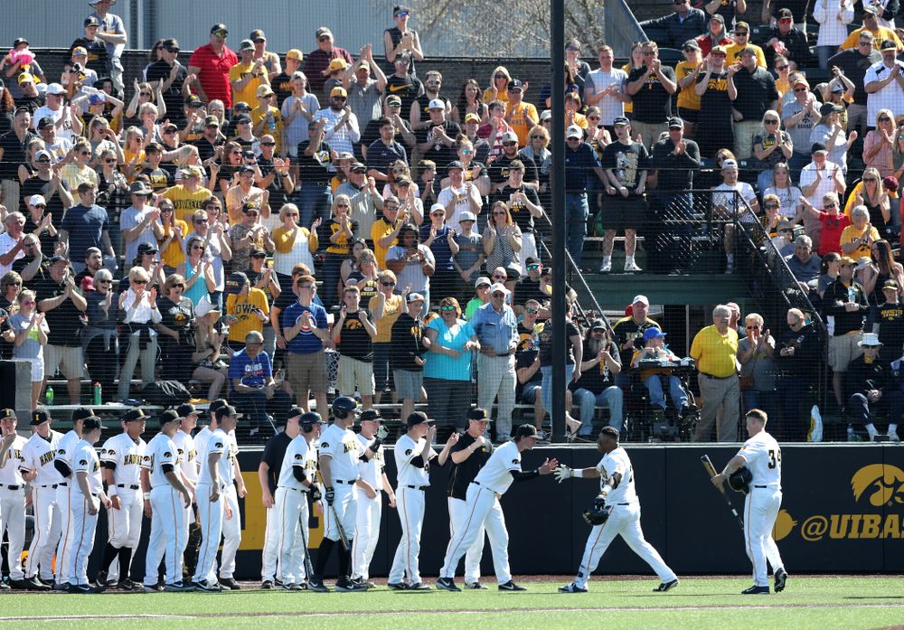 Iowa Hawkeyes Izaya Fullard (20) celebrates a home run against the Nebraska Cornhuskers Saturday, April 20, 2019 at Duane Banks Field. (Brian Ray/hawkeyesports.com)