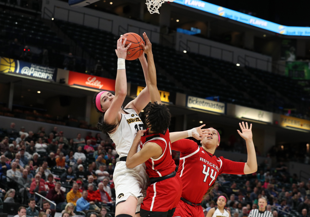Iowa Hawkeyes forward Megan Gustafson (10) against the Rutgers Scarlet Knights in the semi-finals of the Big Ten Tournament Saturday, March 9, 2019 at Bankers Life Fieldhouse in Indianapolis, Ind. (Brian Ray/hawkeyesports.com)