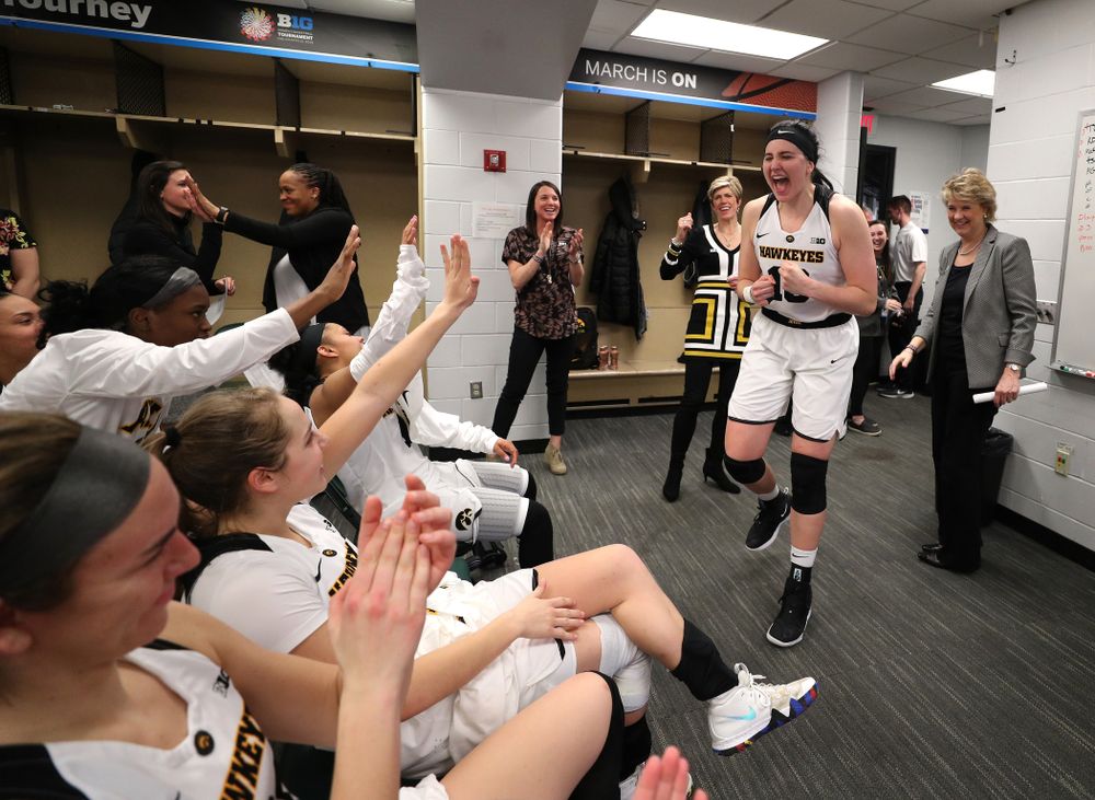 Iowa Hawkeyes forward Megan Gustafson (10) against the Indiana Hoosiers in the quarterfinals of the Big Ten Tournament Friday, March 8, 2019 at Bankers Life Fieldhouse in Indianapolis, Ind. (Brian Ray/hawkeyesports.com)