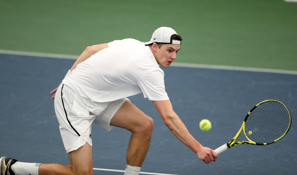Iowa’s Joe Tyler against Cornell Sunday, March 8, 2020 at the Hawkeye Tennis and Recreation Center. (Brian Ray/hawkeyesports.com)