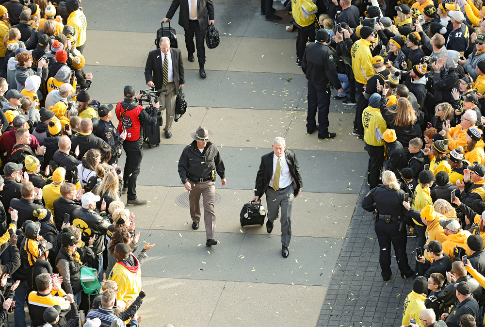 Iowa Hawkeyes head coach Kirk Ferentz arrives before their game at Kinnick Stadium in Iowa City on Saturday, Oct 12, 2019. (Stephen Mally/hawkeyesports.com)
