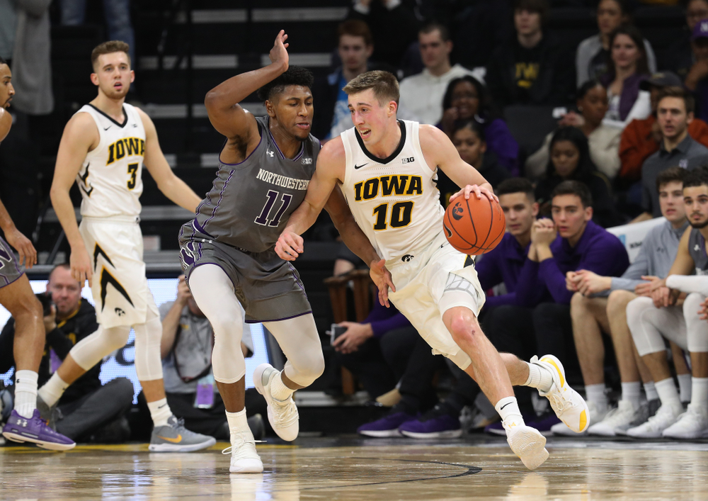 Iowa Hawkeyes guard Joe Wieskamp (10) against the Northwestern Wildcats Sunday, February 10, 2019 at Carver-Hawkeye Arena. (Brian Ray/hawkeyesports.com)