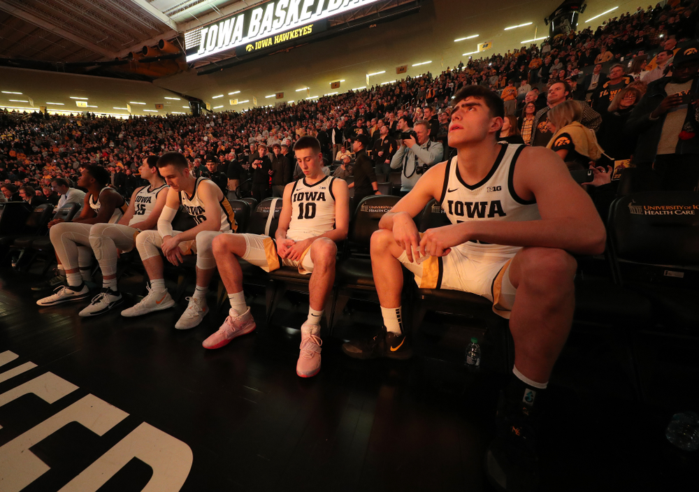 Iowa Hawkeyes forward Luka Garza (55), guard Joe Wieskamp (10), and guard Connor McCaffery (30) against the Ohio State Buckeyes Thursday, February 20, 2020 at Carver-Hawkeye Arena. (Brian Ray/hawkeyesports.com)