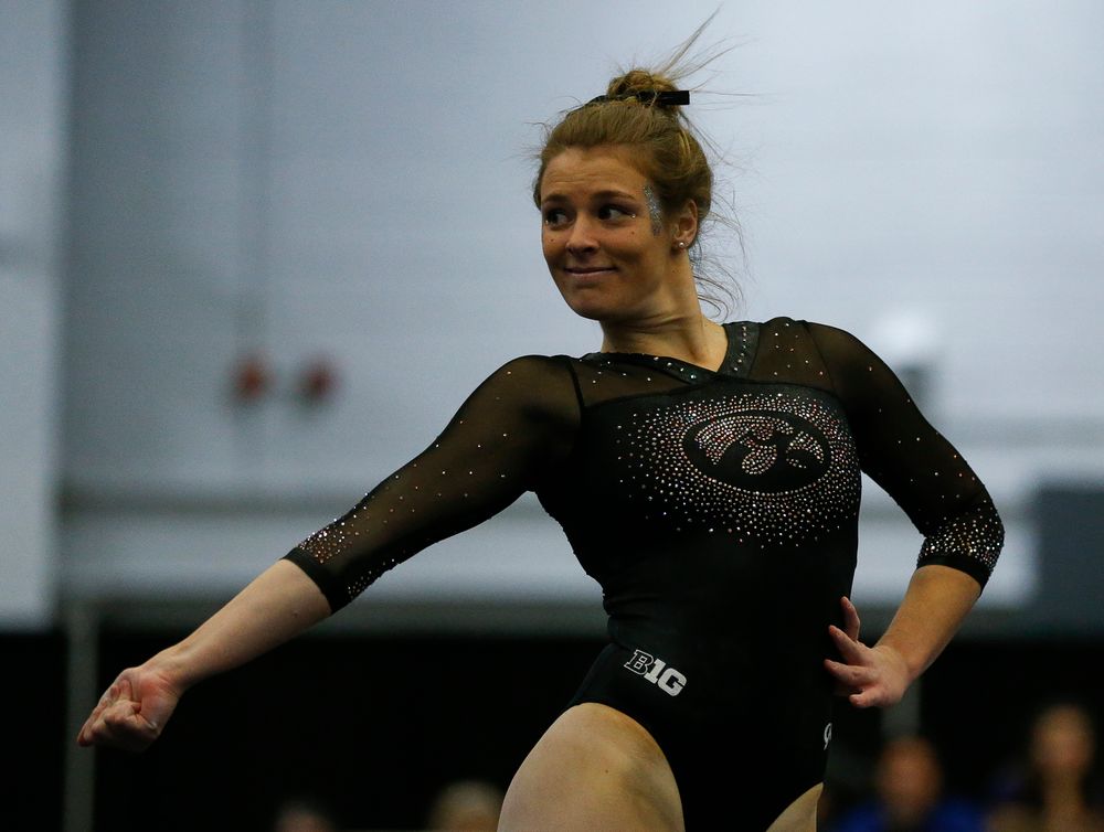 Sydney Hogan competes in the floor exercise during the Black and Gold Intrasquad meet at the Field House on 12/2/17. (Tork Mason/hawkeyesports.com)