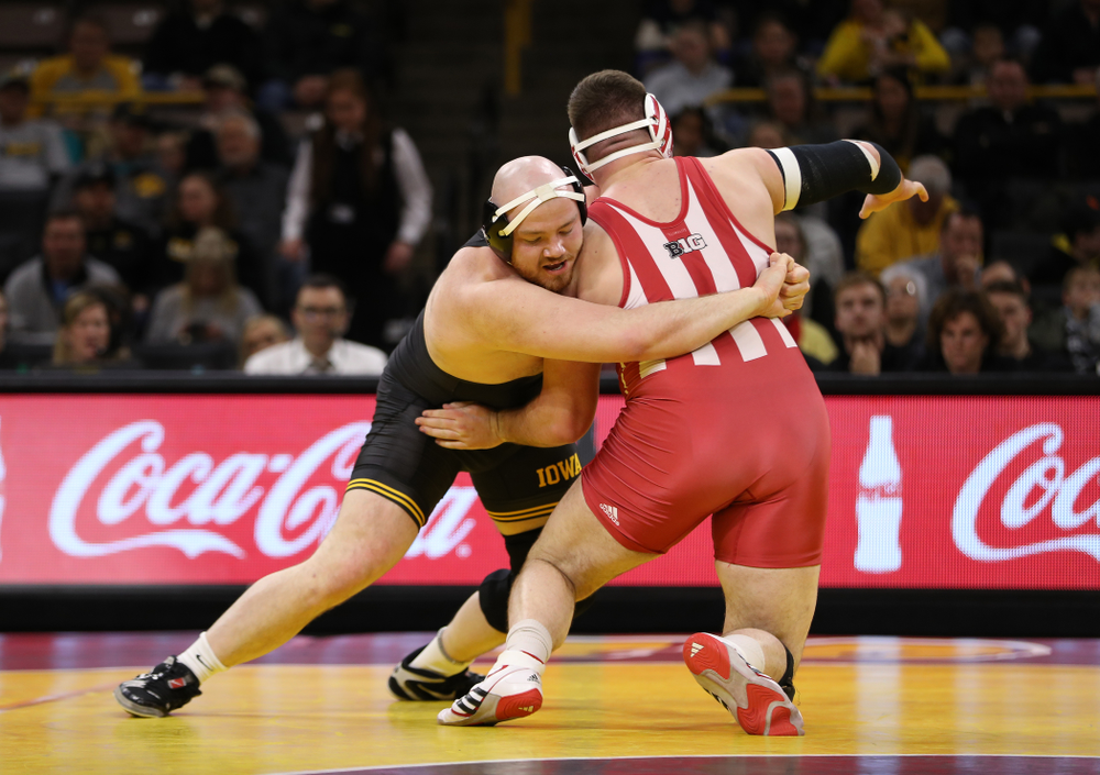 Iowa's Sam Stoll wrestles Indiana's Fletcher Miller at heavyweight Friday, February 15, 2019 at Carver-Hawkeye Arena. (Brian Ray/hawkeyesports.com)