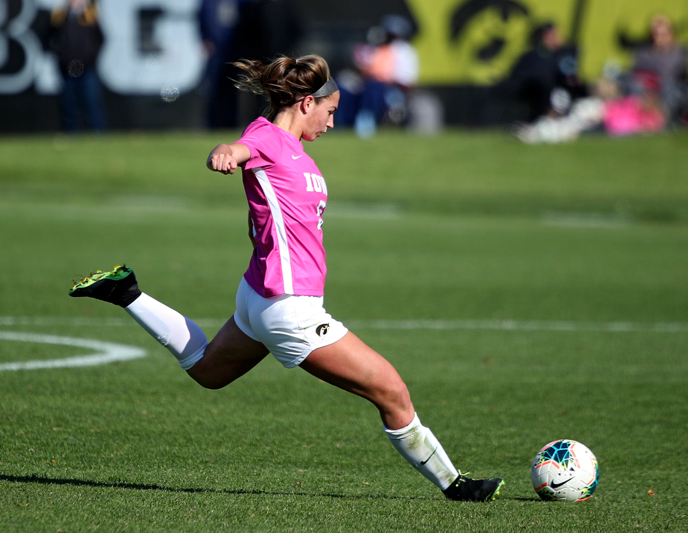 Iowa defender Riley Whitaker (5) lines up a shot during the first half of their match at the Iowa Soccer Complex in Iowa City on Sunday, Oct 27, 2019. (Stephen Mally/hawkeyesports.com)