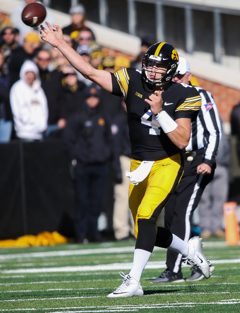 Iowa Hawkeyes quarterback Nate Stanley (4) during a game against Maryland at Kinnick Stadium on October 20, 2018. (Tork Mason/hawkeyesports.com)