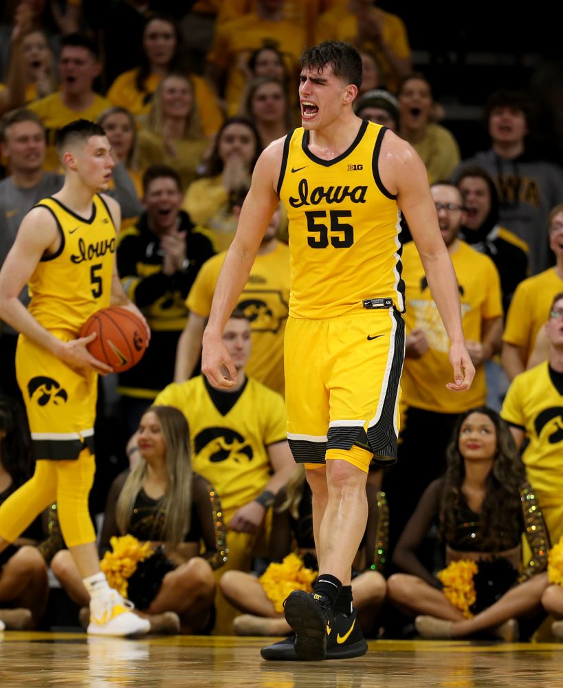 Iowa Hawkeyes forward Luka Garza (55) celebrates late in the game against the Rutgers Scarlet Knights Wednesday, January 22, 2020 at Carver-Hawkeye Arena. (Brian Ray/hawkeyesports.com)