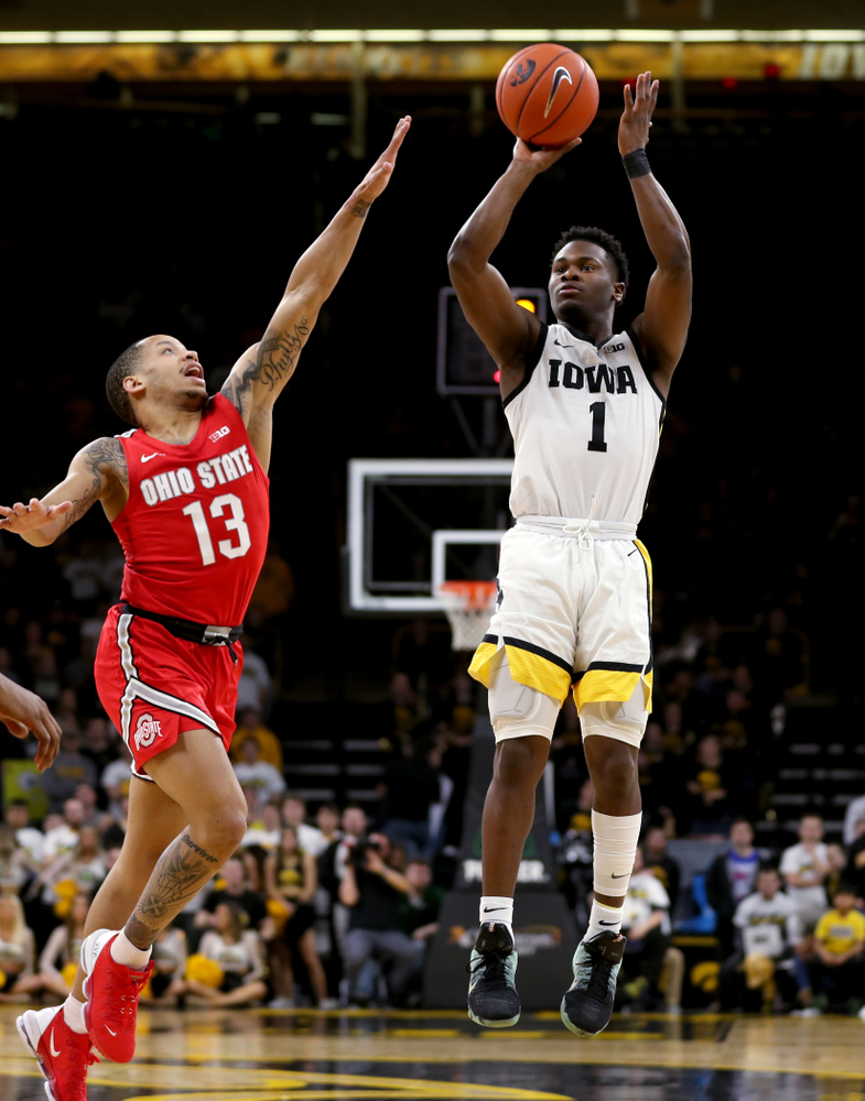 Iowa Hawkeyes guard Joe Toussaint (1) against the Ohio State Buckeyes Thursday, February 20, 2020 at Carver-Hawkeye Arena. (Brian Ray/hawkeyesports.com)