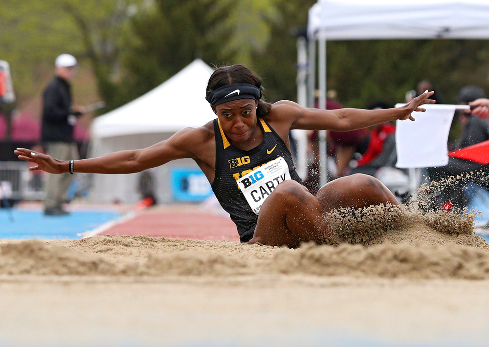 Iowa's Amanda Carty jumps in the women’s long jump event on the second day of the Big Ten Outdoor Track and Field Championships at Francis X. Cretzmeyer Track in Iowa City on Saturday, May. 11, 2019. (Stephen Mally/hawkeyesports.com)