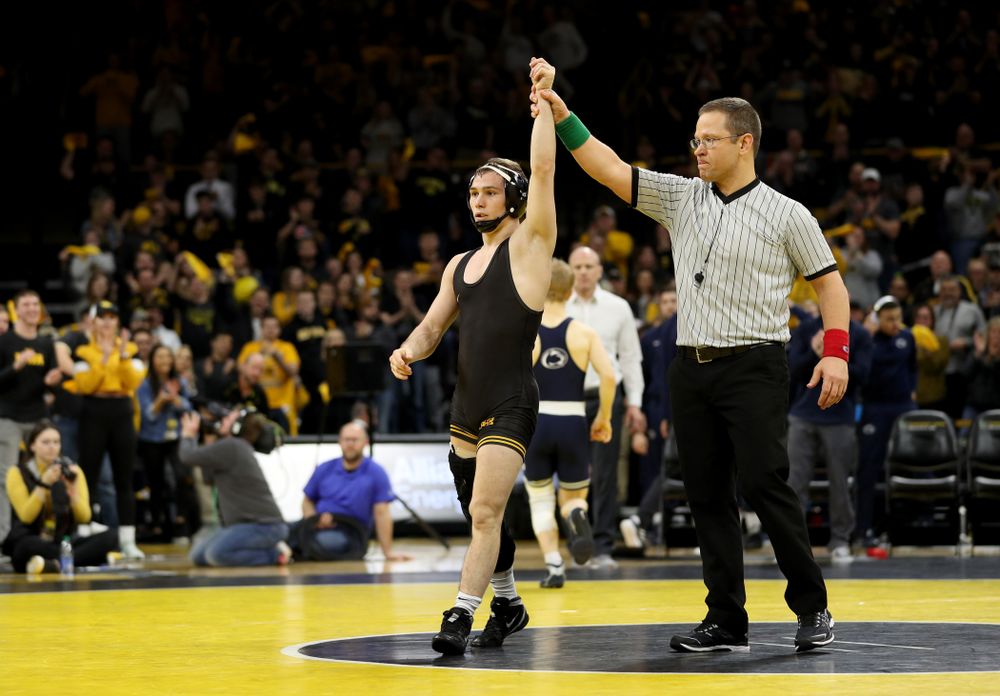 Iowa’s Spencer Lee wrestles Penn State’s Brandon Meredith at 125 pounds Friday, January 31, 2020 at Carver-Hawkeye Arena.Lee won the match by technical fall. (Brian Ray/hawkeyesports.com)