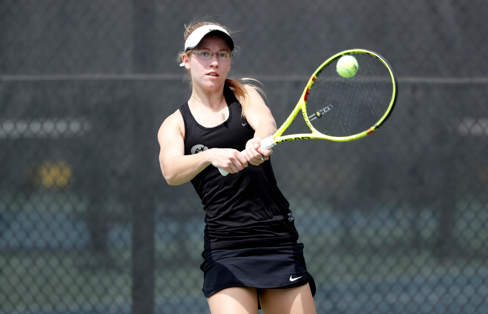 Iowa's Montana Crawford against the Wisconsin Badgers Sunday, April 22, 2018 at the Hawkeye Tennis and Recreation Center. (Brian Ray/hawkeyesports.com)