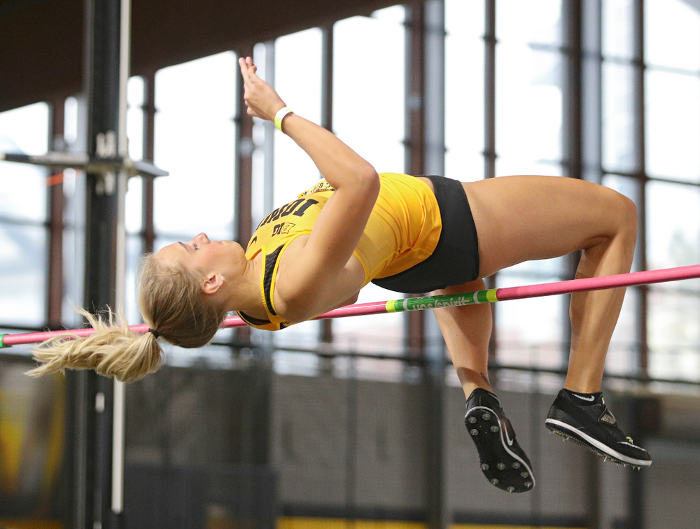 Iowa’s Gillian Urycki competes in the women’s high jump event during the Jimmy Grant Invitational at the Recreation Building in Iowa City on Saturday, December 14, 2019. (Stephen Mally/hawkeyesports.com)