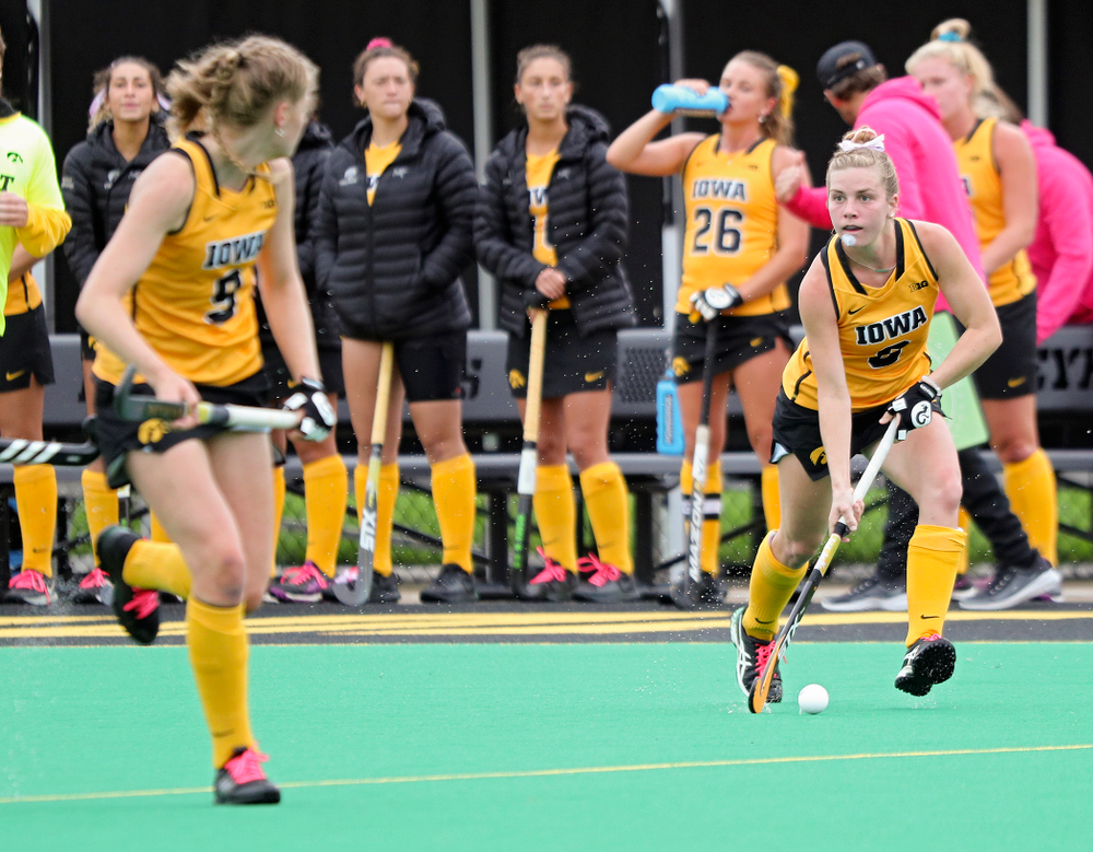 Iowa’s Nikki Freeman (8) eyes Sofie Stribos (9) as she moves with the ball during the second quarter of their game against UC Davis at Grant Field in Iowa City on Sunday, Oct 6, 2019. (Stephen Mally/hawkeyesports.com)