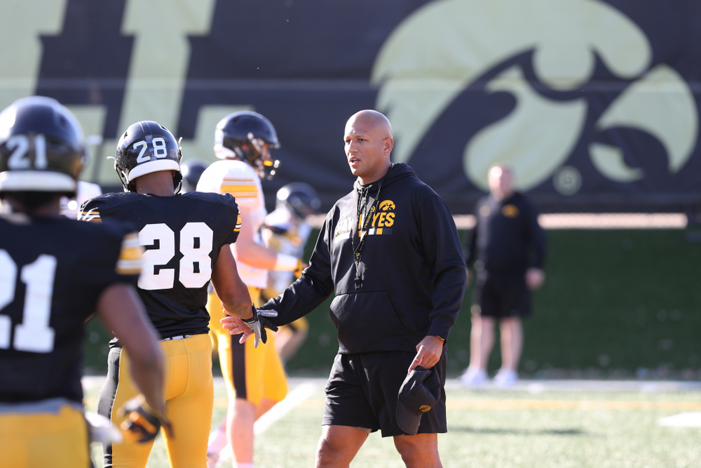 Iowa Hawkeyes Special Teams coordinator LeVar Woods during the teamÕs final spring practice Friday, April 26, 2019 at the Kenyon Football Practice Facility. (Brian Ray/hawkeyesports.com)