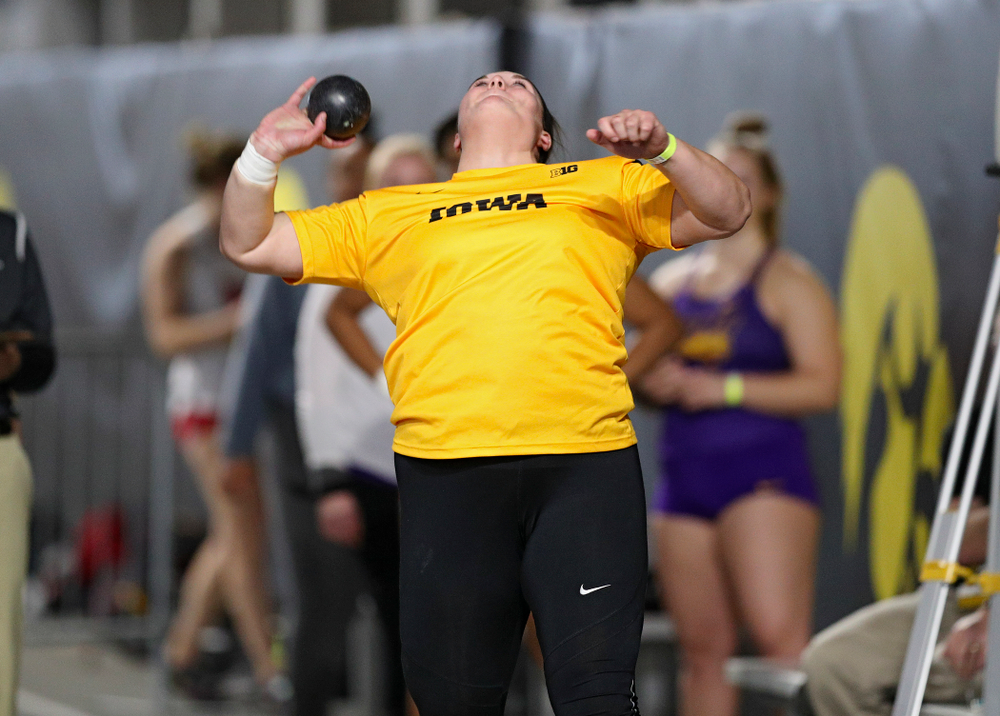 Iowa’s Jamie Kofron competes in the women’s shot put event during the Jimmy Grant Invitational at the Recreation Building in Iowa City on Saturday, December 14, 2019. (Stephen Mally/hawkeyesports.com)