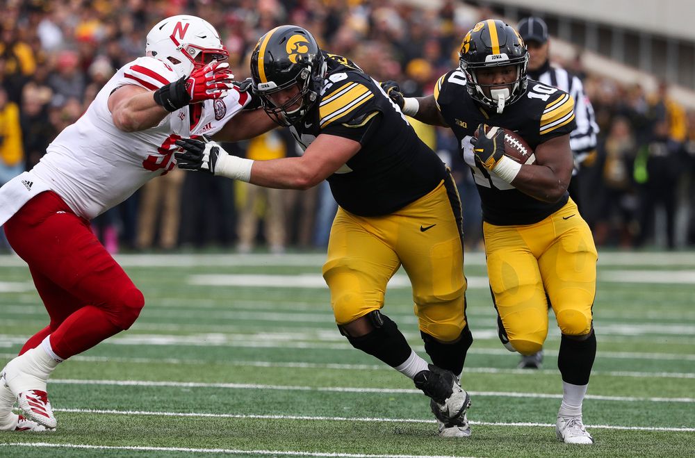 Iowa Hawkeyes running back Mekhi Sargent (10) runs the ball during a game against Nebraska at Kinnick Stadium on November 23, 2018. (Tork Mason/hawkeyesports.com)