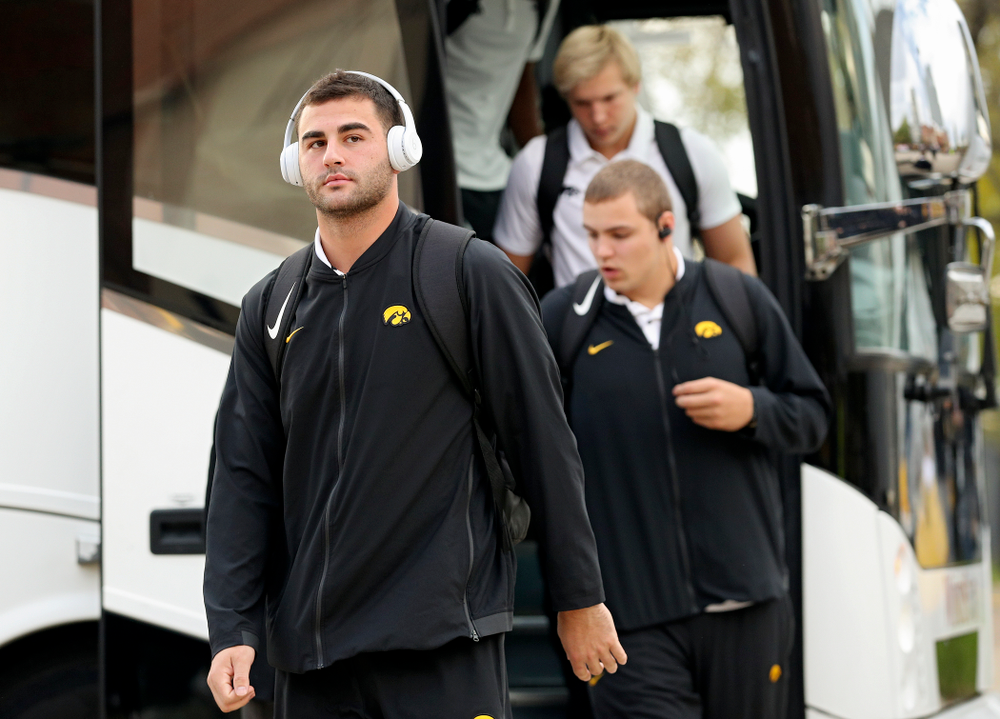 Iowa Hawkeyes wide receiver Nico Ragaini (89) arrives with his team before their game at Kinnick Stadium in Iowa City on Saturday, Oct 19, 2019. (Stephen Mally/hawkeyesports.com)