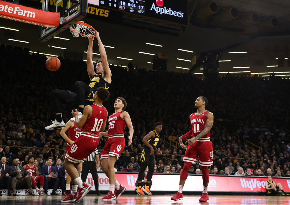 Iowa Hawkeyes forward Ryan Kriener (15) dunks the ball against the Indiana Hoosiers Friday, February 22, 2019 at Carver-Hawkeye Arena. (Brian Ray/hawkeyesports.com)