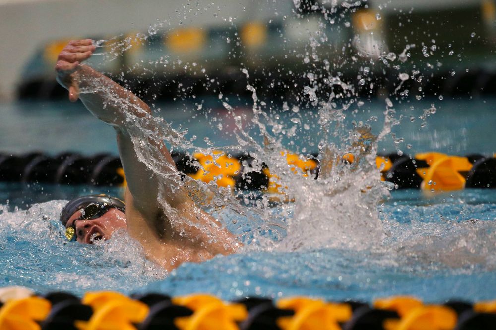 Iowa's Anze Fers Erzan team at the 200-yard backstroke race Saturday, March 2, 2019 at the Campus Recreation and Wellness Center. (Lily Smith/hawkeyesports.com)