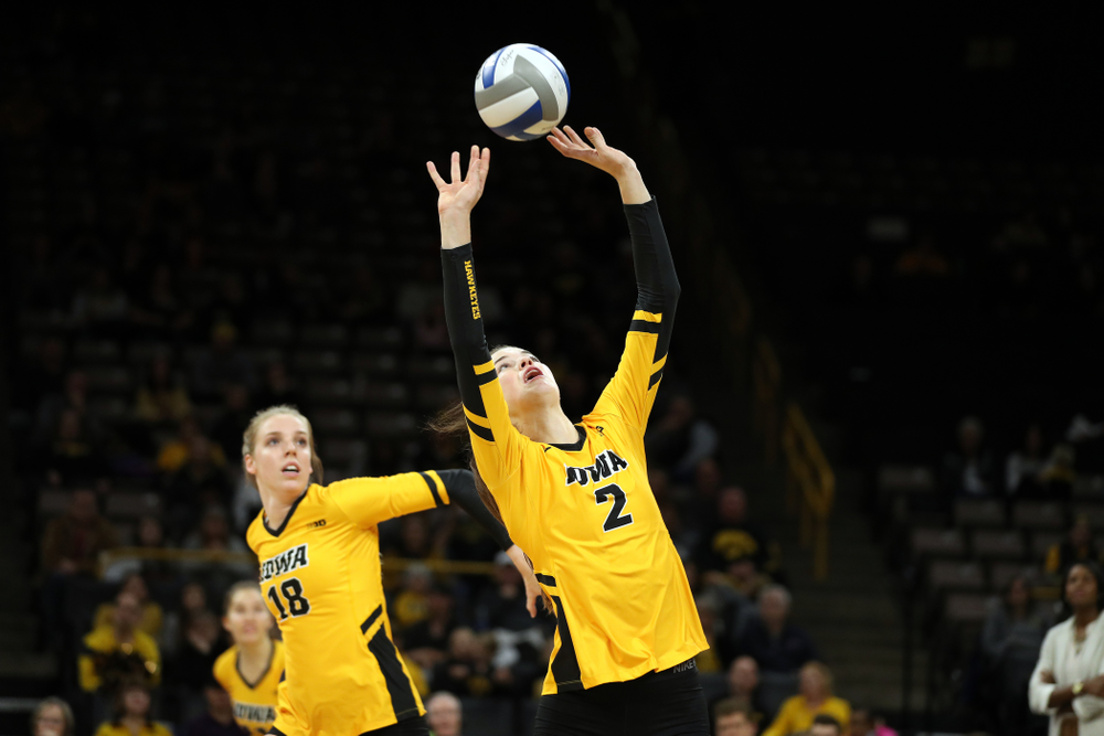 Iowa Hawkeyes setter Courtney Buzzerio (2) against the Rutgers Scarlet Knights Saturday, November 2, 2019 at Carver-Hawkeye Arena. (Brian Ray/hawkeyesports.com)