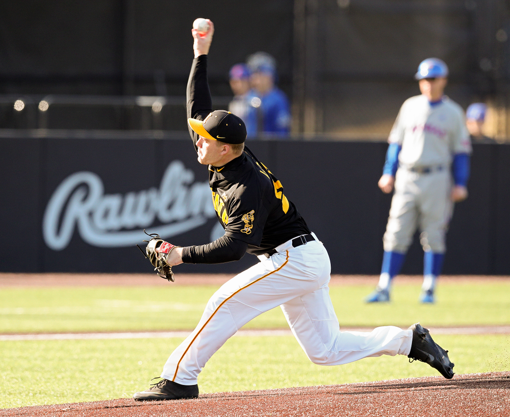Iowa pitcher Hunter Lee (24) delivers to the plate during the first inning of their college baseball game at Duane Banks Field in Iowa City on Tuesday, March 10, 2020. (Stephen Mally/hawkeyesports.com)