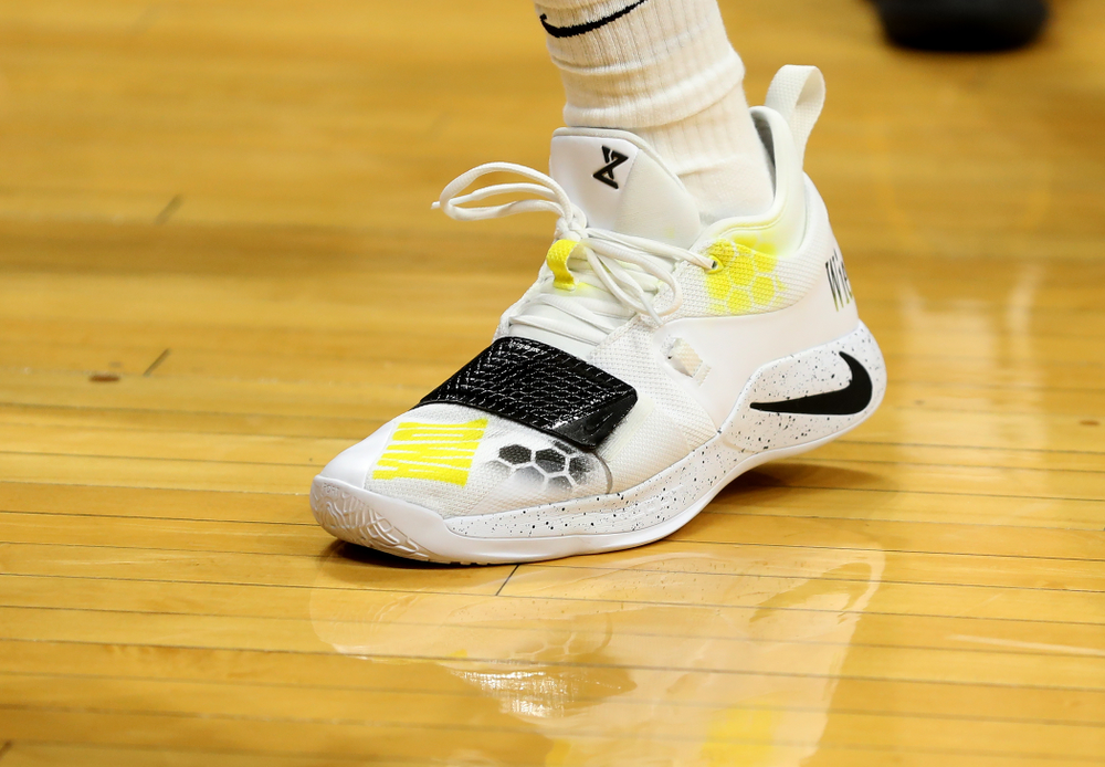 Iowa Hawkeyes guard Joe Wieskamp (10) sports custom painted shoes during practice at Hinkle Fieldhouse Wednesday, March 11, 2020 in Indianapolis. (Brian Ray/hawkeyesports.com)