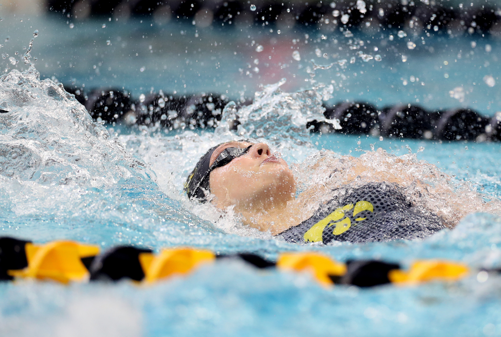 IowaÕs Emily Sansome swims the 100 yard backstroke against the Michigan Wolverines Friday, November 1, 2019 at the Campus Recreation and Wellness Center. (Brian Ray/hawkeyesports.com)