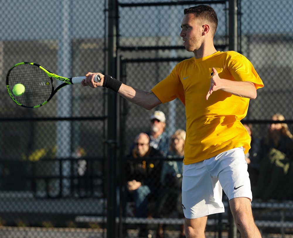 Iowa's Kareem Allaf during their doubles match again Michigan State at the Hawkeye Tennis and Recreation Complex in Iowa City on Friday, Apr. 19, 2019. (Stephen Mally/hawkeyesports.com)