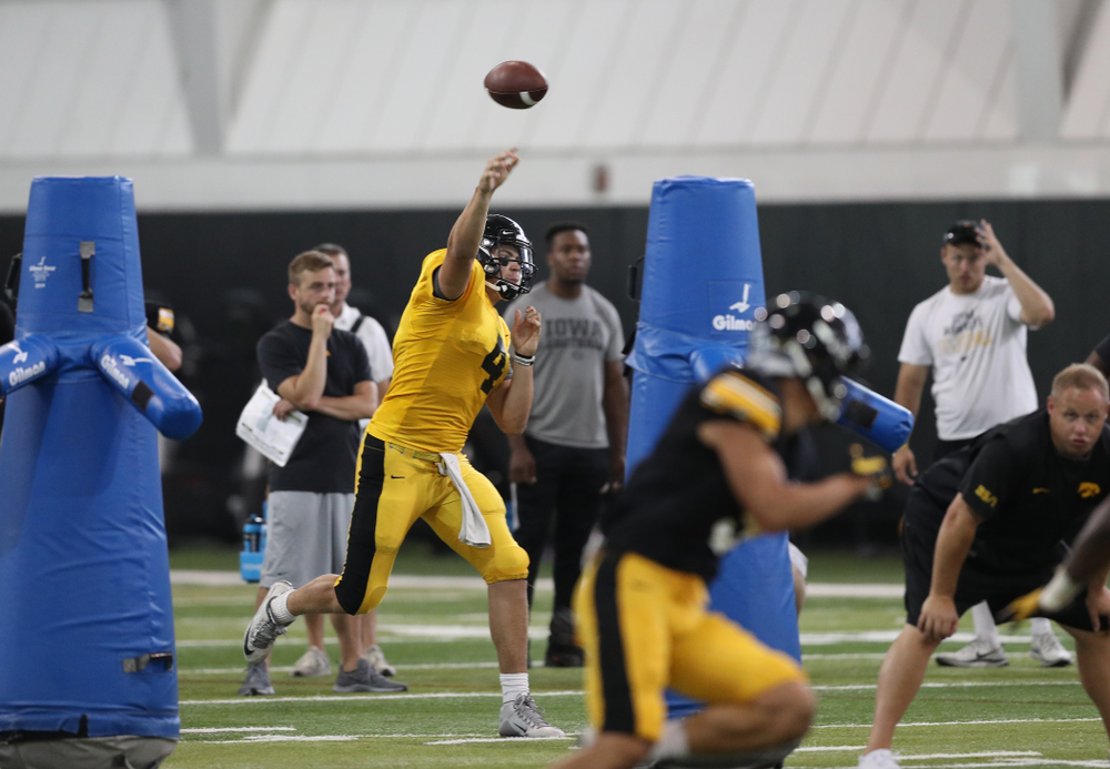 Iowa Hawkeyes quarterback Nate Stanley (4) During Fall Camp Practice No. 6 Thursday, August 8, 2019 at the Ronald D. and Margaret L. Kenyon Football Practice Facility. (Brian Ray/hawkeyesports.com)