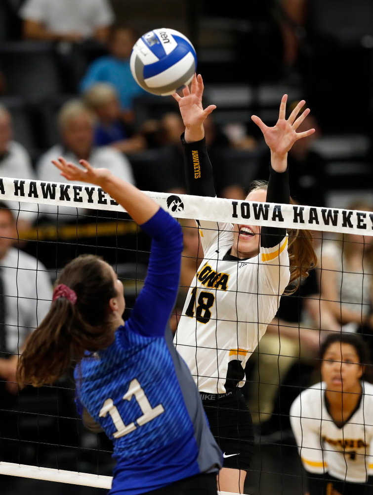 Iowa Hawkeyes middle blocker Hannah Clayton (18) against Eastern Illinois Sunday, September 9, 2018 at Carver-Hawkeye Arena. (Brian Ray/hawkeyesports.com)