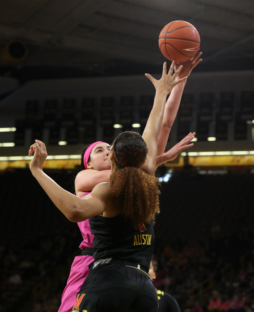 Iowa Hawkeyes forward Megan Gustafson (10) against the seventh ranked Maryland Terrapins Sunday, February 17, 2019 at Carver-Hawkeye Arena. (Brian Ray/hawkeyesports.com)