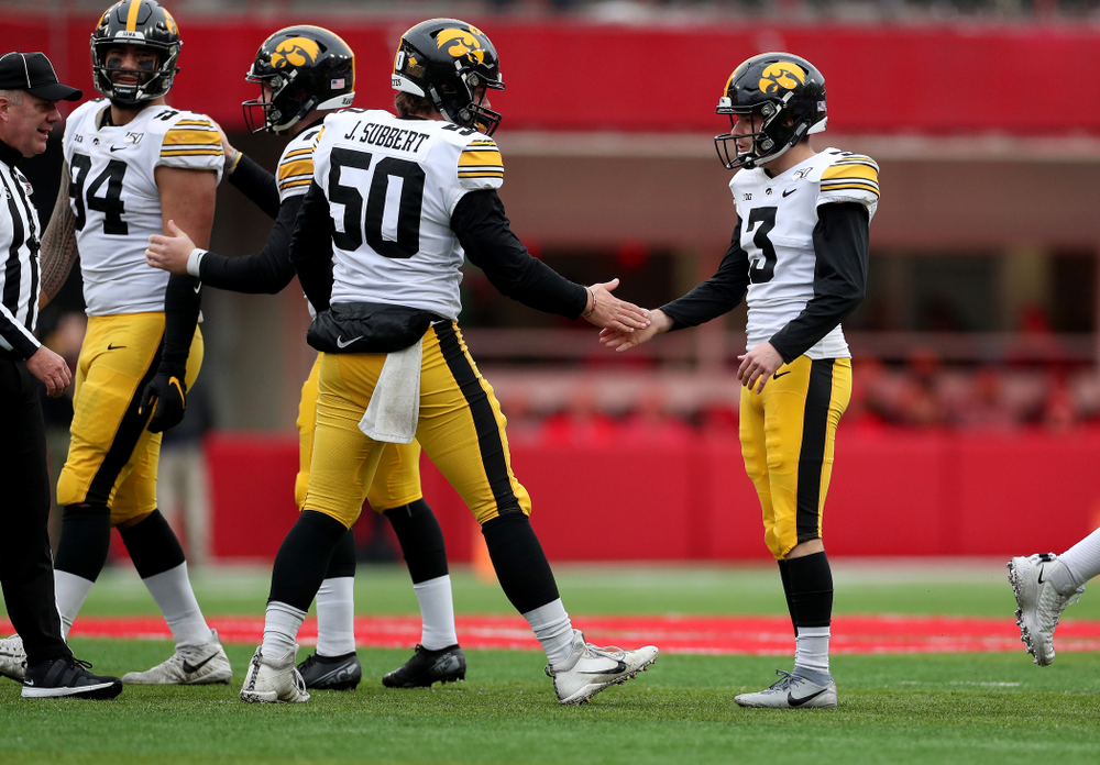 Iowa Hawkeyes place kicker Keith Duncan (3) and long snapper Jackson Subbert (50) against the Nebraska Cornhuskers Friday, November 29, 2019 at Memorial Stadium in Lincoln, Neb. (Brian Ray/hawkeyesports.com)