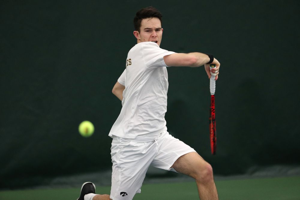 Iowa's Jonas Larsen against North Dakota Friday, January 25, 2019 at the Hawkeye Tennis and Recreation Complex. (Brian Ray/hawkeyesports.com)