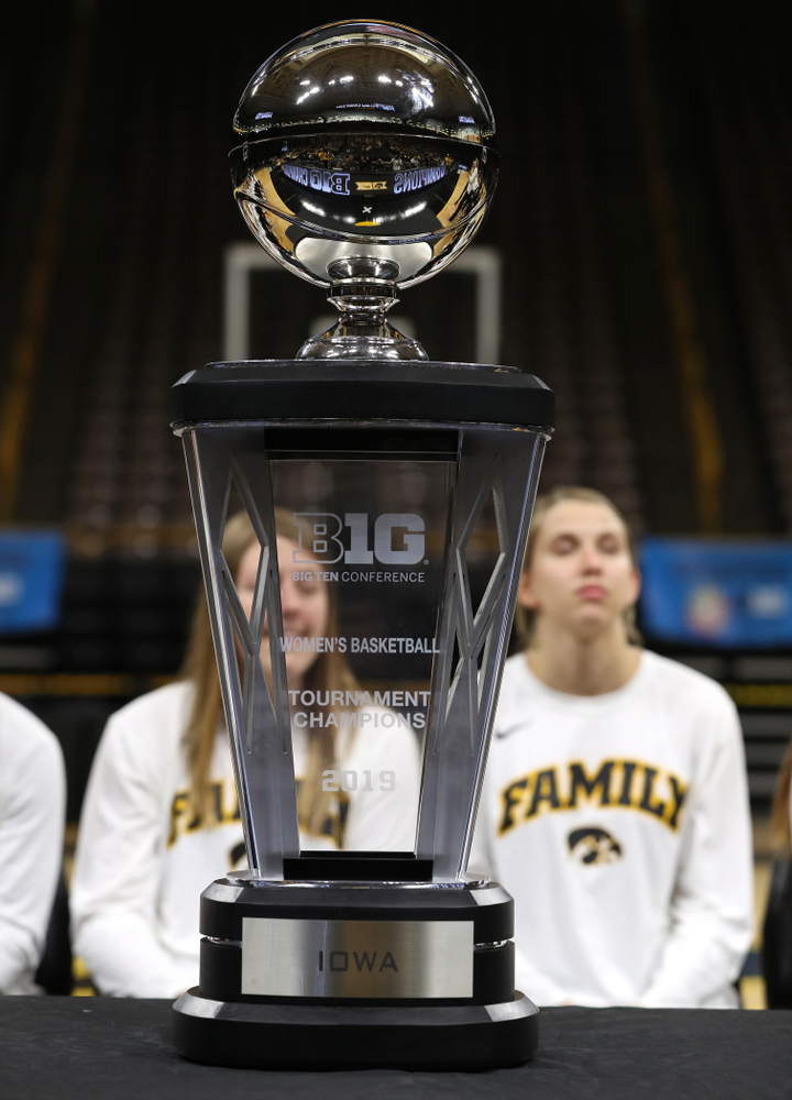 The Big Ten Championship trophy during a celebration of their Big Ten Women's Basketball Tournament championship Monday, March 18, 2019 at Carver-Hawkeye Arena. (Brian Ray/hawkeyesports.com)