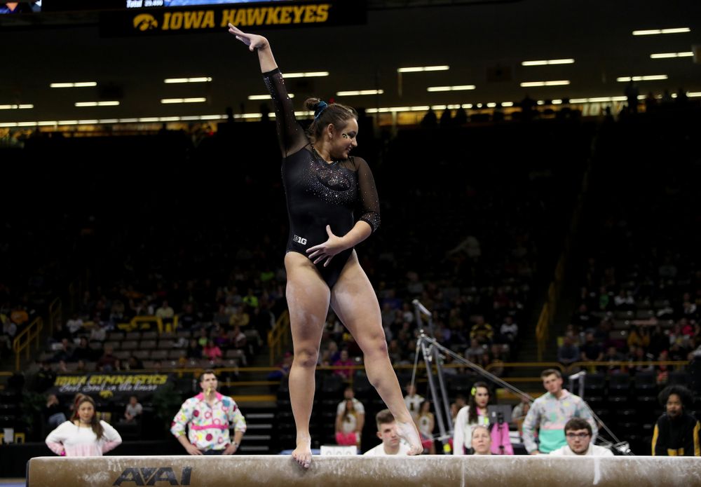 Iowa’s Dani Castillo competes on the beam against Michigan Friday, February 14, 2020 at Carver-Hawkeye Arena. (Brian Ray/hawkeyesports.com)