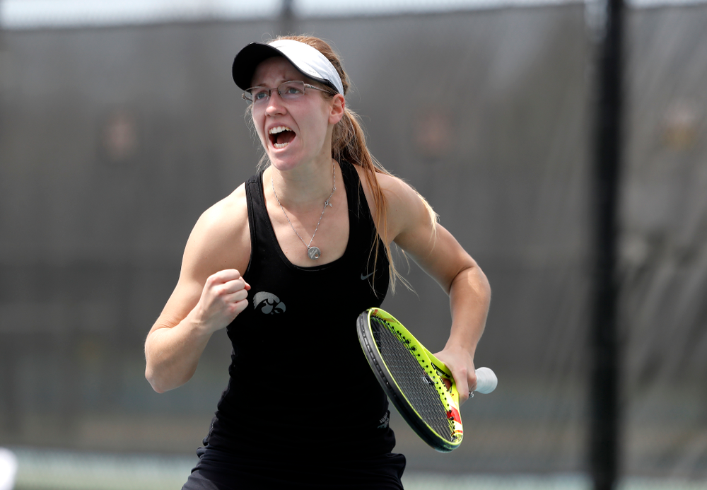 Iowa's Montana Crawford against the Wisconsin Badgers Sunday, April 22, 2018 at the Hawkeye Tennis and Recreation Center. (Brian Ray/hawkeyesports.com)