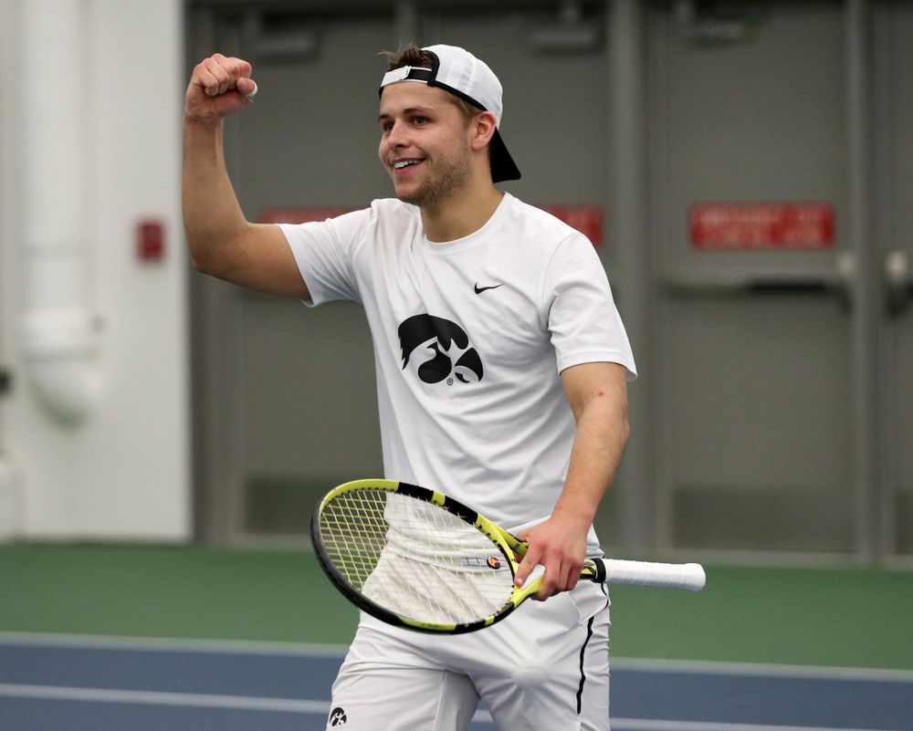 Iowa’s Will Davies against Cornell Sunday, March 8, 2020 at the Hawkeye Tennis and Recreation Center. (Brian Ray/hawkeyesports.com)